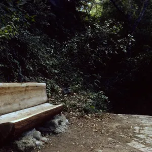 wood bench on east side of Mission Dam, Mission Canyon