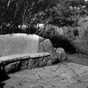Pritchett Bench, stone bench on Pritchett Trail, (black and white)