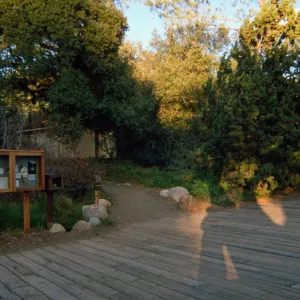 Railroad tie path at Gaden Entrance, 1980s, long shadows, restrooms building, no Entrance kiosk yet
