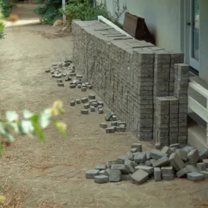 pavers stacked for installation in the Arroyo, along the bottom level of the North Wing