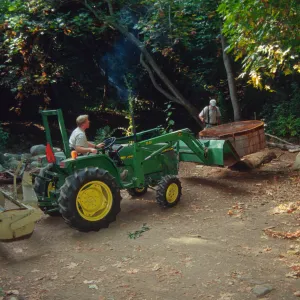 Dave Kershaw on tractor, Moving the redwood cross-section, Redwood Section