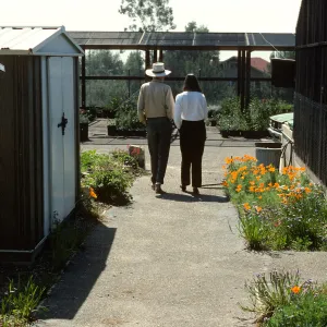 Nancy Hawver and Dara Emery recording for Oral History Program, Hort Unit, metal sheds