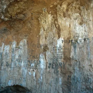 Santa Cruz Island, West side of Dicks Harbor, inscriptions on rock wall