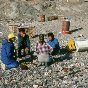 West San Benito Island, Jonna Engel & Debbie Bronson w/fishermen at village