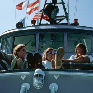 Karen, Janet, Toni, navy boat, Santa Cruz Island