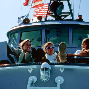 Karen, Janet, Toni, navy boat, Santa Cruz Island