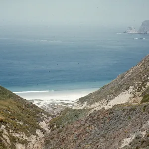 Looking down Canyon del Mar to Cuylers Harbor and Prince Island, San Miguel Island