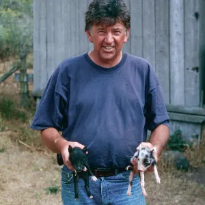 Keith Herold w/baby pigs, Christy barn, Santa Cruz Island